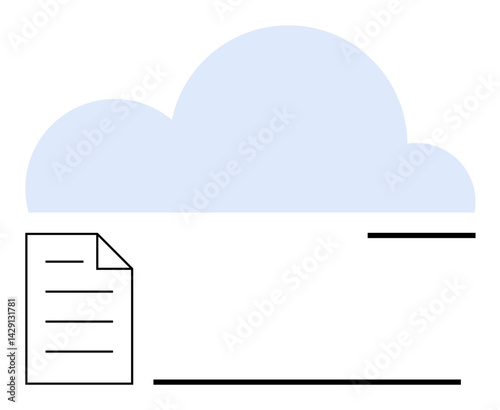 Blue cloud and document with minimal black lines emphasize digital file management. Ideal for cloud computing, storage, document sharing, data security, collaboration, remote work, flat simple