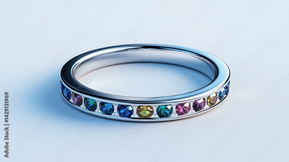 Slim silver band with tiny gemstone inlay, isolated on white background Slim silver band with tiny gemstone inlay, isolated on white background