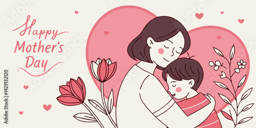 A heartwarming Mothers Day design featuring a mother and child embrace surrounded by flowers and hearts	