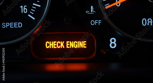 Illuminated Check Engine Light Displayed on a Car Dashboard for Automotive Maintenance