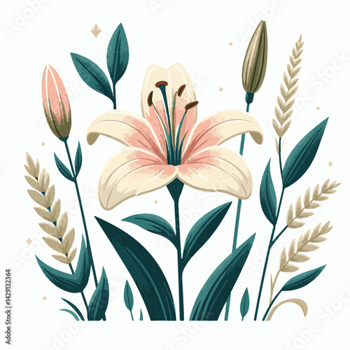floral, lily, flower, nature, blossom, plant, white, background, spring, flora, bouquet, isolated, botanical, decoration, summer, botany, leaf, bloom, beautiful, green, closeup, petal, illustration, g