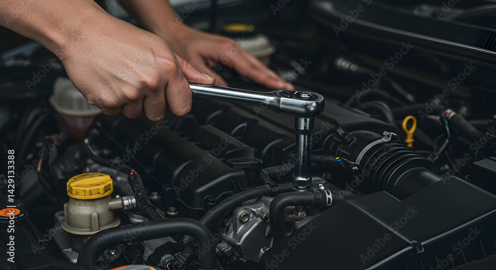Hands Repairing a Black Car Engine with Wrench Tool in Automotive Workshop with Chrome Details Hands Repairing a Black Car Engine with Wrench Tool in Automotive Workshop with Chrome Details