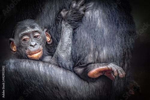 young Chimpanzee arm embracing another chimpanzee, highlighting texture and detail