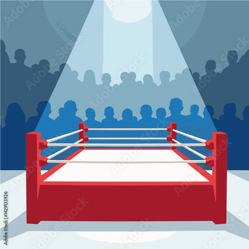Wrestling ring illuminated against cheering crowd  