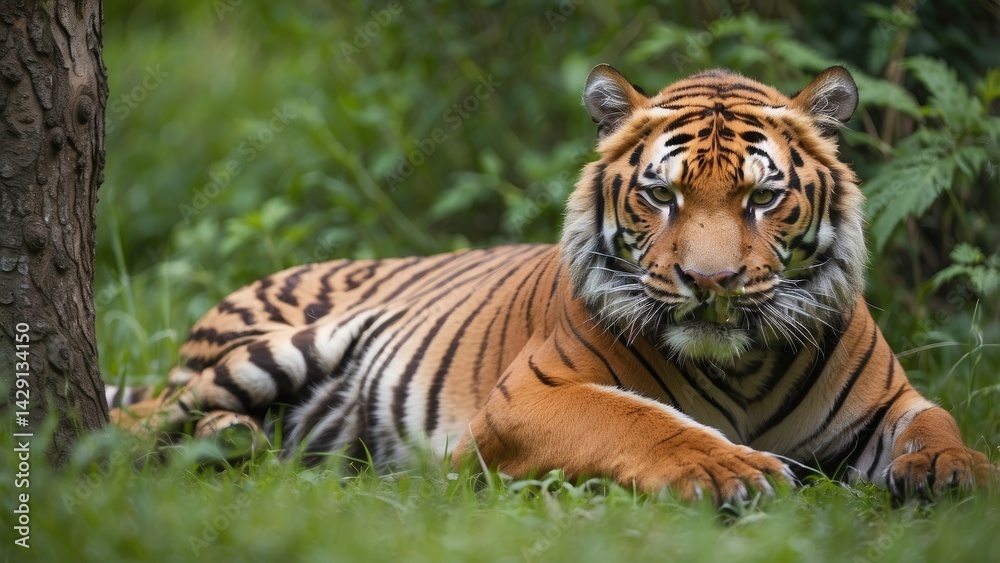 Majestic Bengal Tiger Resting in Wild Jungle Habitat Majestic Bengal Tiger Resting in Wild Jungle Habitat