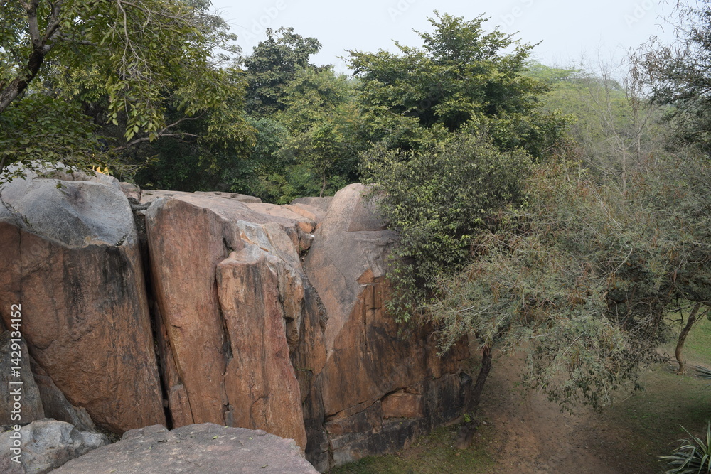 Obraz premium An image of the Huge boulders looking like a small hill to climb in one of the trails of a trek during the monsoon in the Aravalli Hills of Delhi in India.