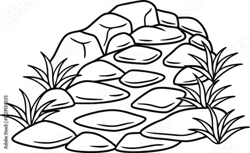Rock Mound with Grass Outlines in Line Art Style on Transparent Background