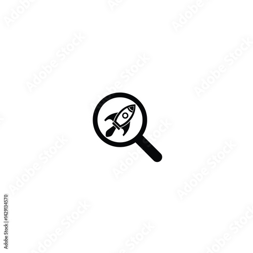 Magnifying Glass Icon with Rocket Ship Startup Search, Innovation Exploration, and Discovery Concept Illustration