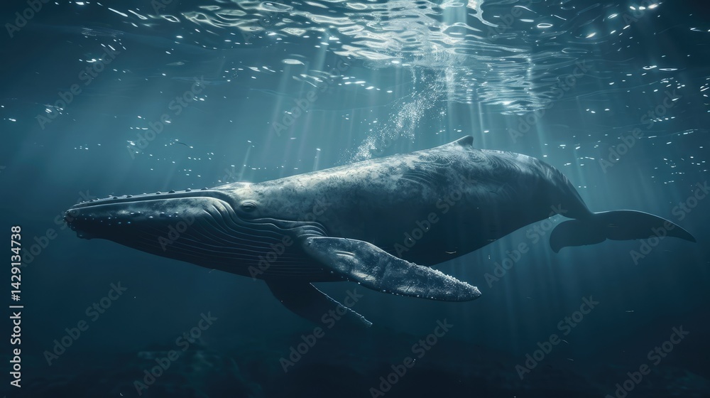 Obraz premium The picture of the blue whale is swimming in the ocean with the bright light of the sun, blue whale is the largest mammal animal known to have ever existed, both in terms of length and weight. AIG51.