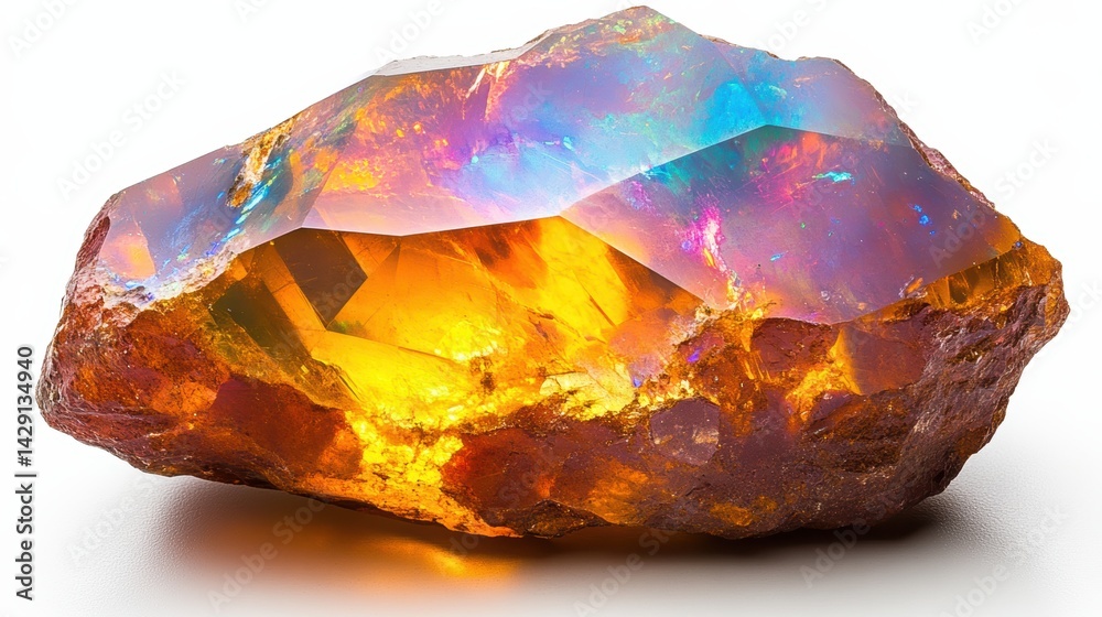 Detailed close-up of an opal gemstone with play-of-color, isolated on white background Detailed close-up of an opal gemstone with play-of-color, isolated on white background