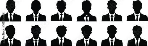 Professional businessman profile icons set. Portrait front view vector signs. Head and shoulders in formal wear with tie and court. Businessman faceless avatar isolated on transparent background.