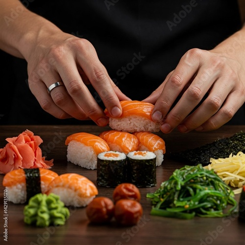 A close-up shot focuses on a pair of skilled hands expertly crafting a vibrant piece of sushi. The chef's hands, adorned with a simple silver ring on the index finger