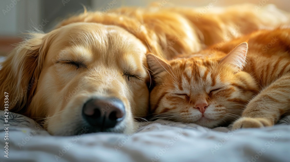 A dog and a cat are sleeping together on a bed A dog and a cat are sleeping together on a bed