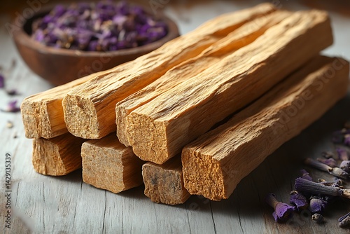 Palo santo sticks and lavender buds on wooden surface aromatherapy concept