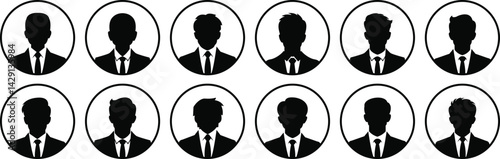 Professional businessman profile icons set. Portrait front view vector signs. Head and shoulders in formal wear with tie and court. Businessman faceless avatar isolated on transparent background.