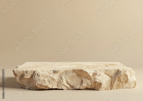 Beige stone platform.  A natural, textured stone slab sits on a beige background.  Ideal for showcasing products photo