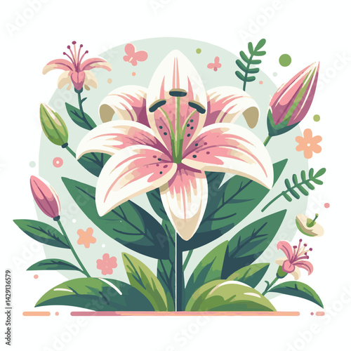 floral, lily, flower, nature, blossom, plant, white, background, spring, flora, bouquet, isolated, botanical, decoration, summer, botany, leaf, bloom, beautiful, green, closeup, petal, illustration, g