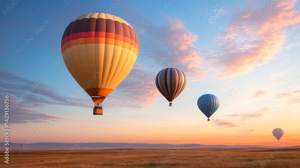 Naklejka premium Hot air balloons rising against a colorful sunset sky 