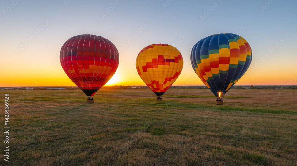 Fototapeta premium Colorful hot air balloons rising at sunset in an open field 