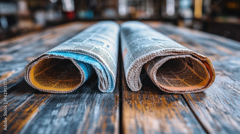 Rolled newspapers on wooden table Rolled newspapers on wooden table