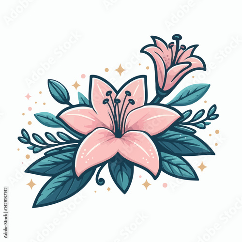 floral, lily, flower, nature, blossom, plant, white, background, spring, flora, bouquet, isolated, botanical, decoration, summer, botany, leaf, bloom, beautiful, green, closeup, petal, illustration, g