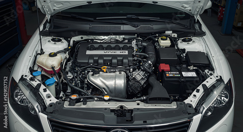 Detailed View of a White Car Engine Bay Featuring a Clean Modern Design and Silver Mechanical Components