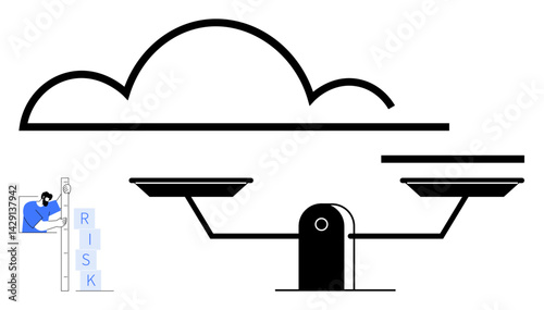 Cloud graphic above scales representing decisions, person climbing blocks marked RISK. Ideal for technology, business strategy, risk management, innovation, decision-making, cloud services, simple