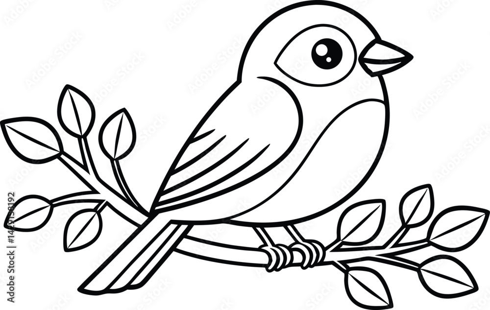 Fototapeta premium Simple Line Art Bird Sitting On Branch With Leaves On Transparent Background