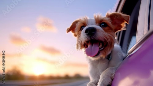 Happy Dog Enjoying a Sunset Drive with Head Out of the Car Window on a Road Trip Adventure