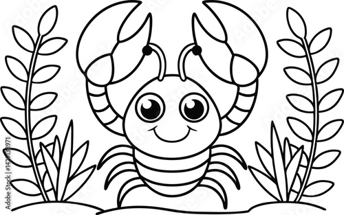 Cartoon Crab with Happy Face Outline on Transparent Background with Seaweed