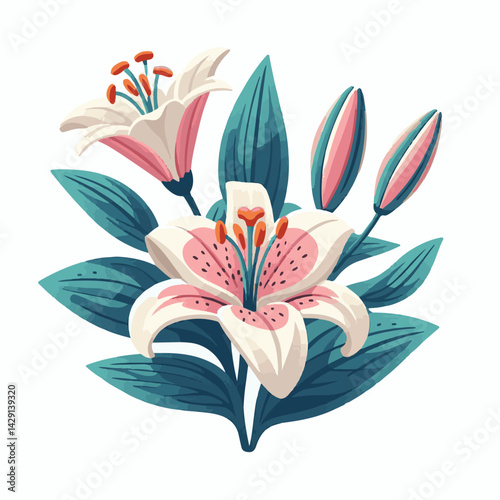 floral, lily, flower, nature, blossom, plant, white, background, spring, flora, bouquet, isolated, botanical, decoration, summer, botany, leaf, bloom, beautiful, green, closeup, petal, illustration, g