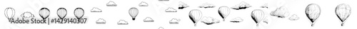 Illustration of hot air balloons floating among clouds in a whimsical landscape during a sunny day