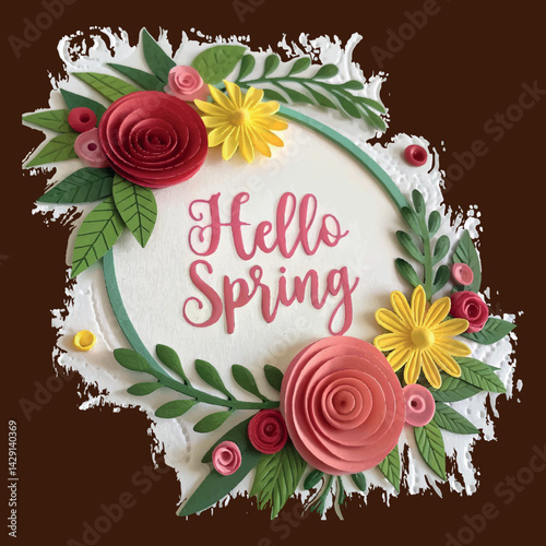 Romantic floral frame with roses and hearts for greeting or wedding invitation Hello Spring Design