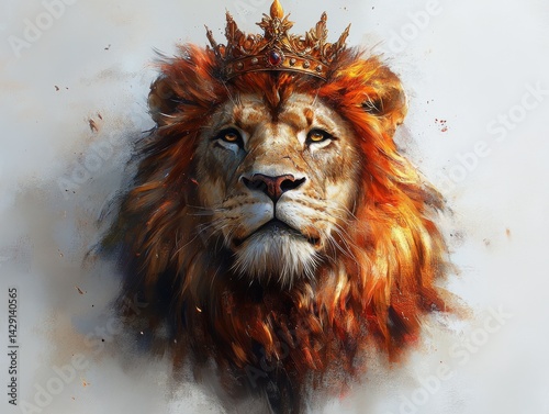 Majestic Lion King: A Regal Portrait of Power and Nobility, Featuring a Golden Crown and Intense Gaze, Evoking Leadership, Strength, and Royalty.