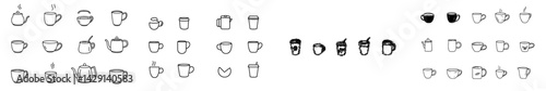 Coffee and tea icon vector illustration collection featuring various cups, pots, and mugs designed in a minimalist style for creative projects