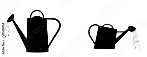 Vector illustration of watering cans showing different angles and pouring actions for gardening enthusiasts and designers