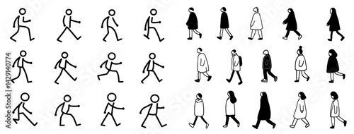 Vector illustration of diverse walking figures in various clothing styles representing different activities and movements