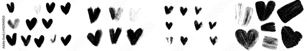 Creative black heart icon illustrations featuring various textures and patterns for design projects