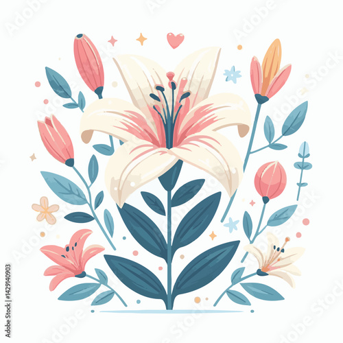 floral, lily, flower, nature, blossom, plant, white, background, spring, flora, bouquet, isolated, botanical, decoration, summer, botany, leaf, bloom, beautiful, green, closeup, petal, illustration, g