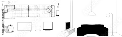Cozy living room layout with sectional sofa and stylish decor in minimalist design for modern interiors