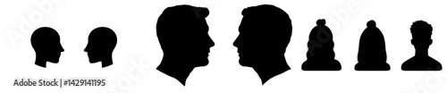This vector illustration features a series of silhouetted heads and upper bodies showcasing different profile views