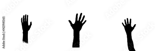 Multiple raised black hands reaching up against a stark white background in an artistic illustration