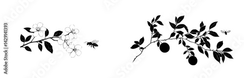 Botanical icon vector illustration featuring bees and flowering branches with leaves and fruit
