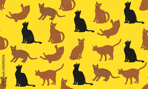 A set of cute cute cats. An element for printing, postcards,wallpapers,textiles on a yellow background.
 Vector illustration