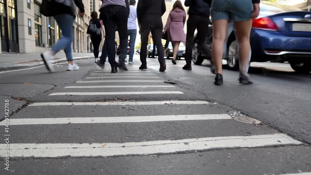 Pedestrians navigate a crosswalk at a bustling city intersection, surrounded by vehicles and tall buildings under the bright daylight