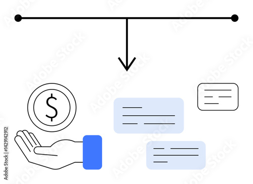 Outstretched hand holding coin, hierarchy line with arrow, text blocks. Ideal for finance, budget planning, investment, cash flow, resource allocation, decision-making simple landing page