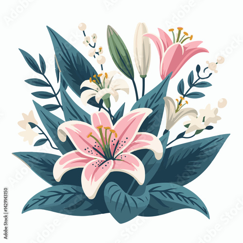 floral, lily, flower, nature, blossom, plant, white, background, spring, flora, bouquet, isolated, botanical, decoration, summer, botany, leaf, bloom, beautiful, green, closeup, petal, illustration, g