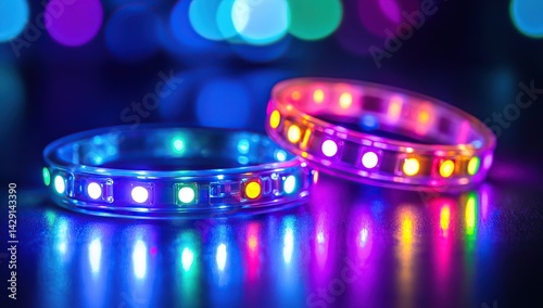 Two brightly colored LED light bracelets with multiple colors of lights on each bracelet