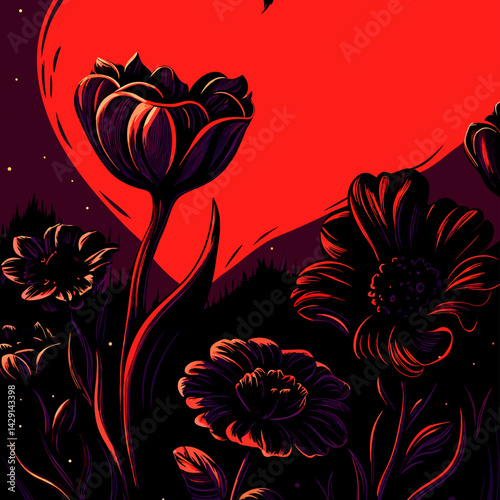 Red Flowers Silhouette Sunset Illustration