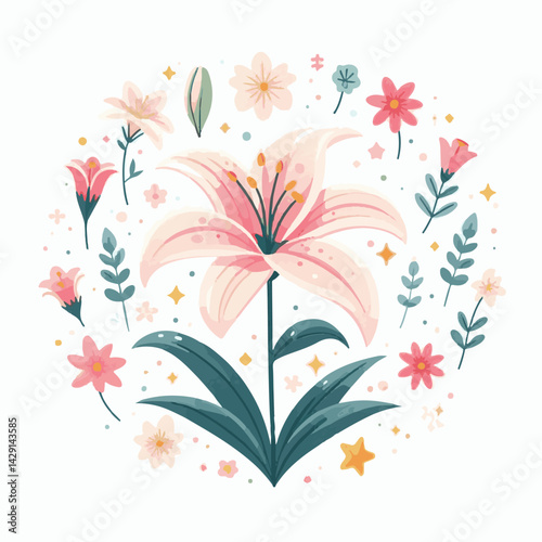 floral, lily, flower, nature, blossom, plant, white, background, spring, flora, bouquet, isolated, botanical, decoration, summer, botany, leaf, bloom, beautiful, green, closeup, petal, illustration, g